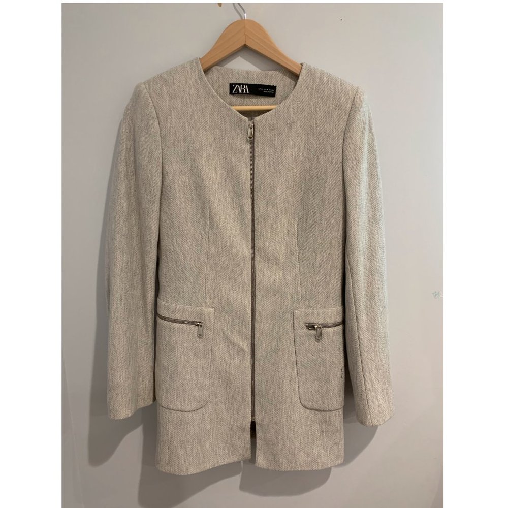 Zara Long Jacket with Pockets and Shoulder Pads
